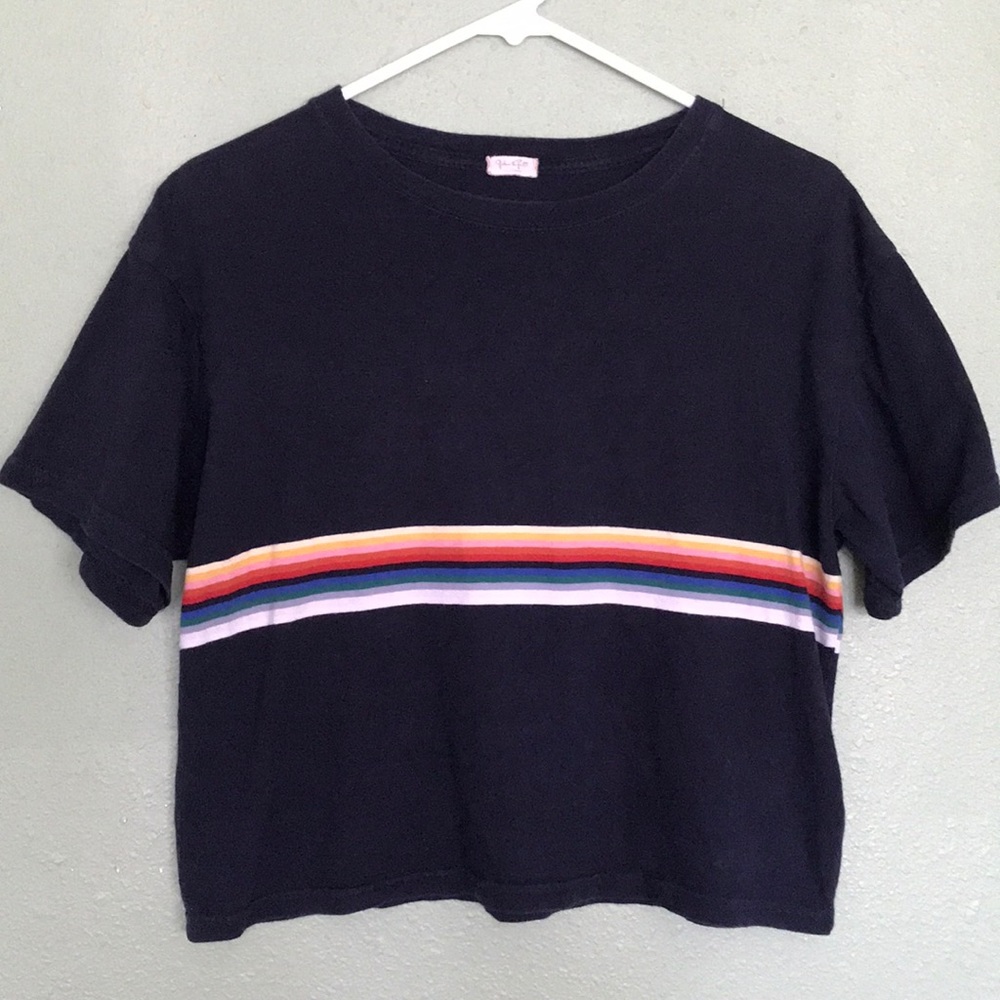 Brandy Melville Aleena Rainbow Striped Navy Tee